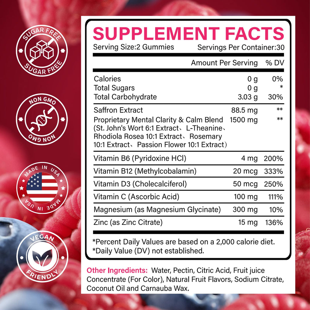 Close up view of the 60 sugar free blueberry flavored relaxation gummies from Klinovium