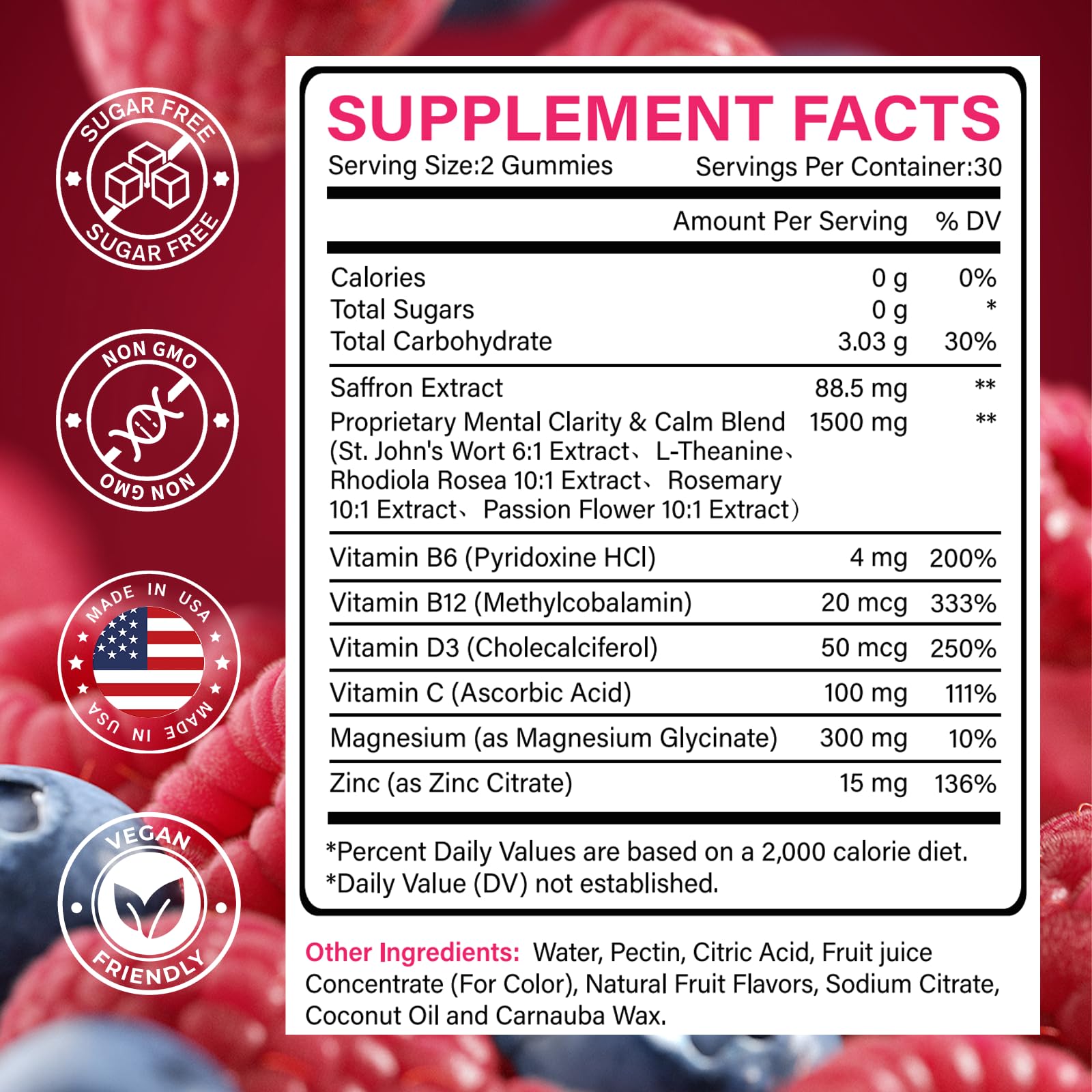 Close up view of the 60 sugar free blueberry flavored relaxation gummies from Klinovium