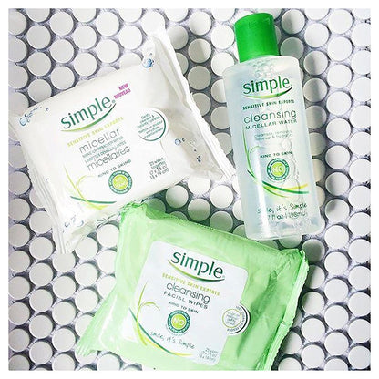Simple cleansing wipes packaging showing sensitive skin benefit