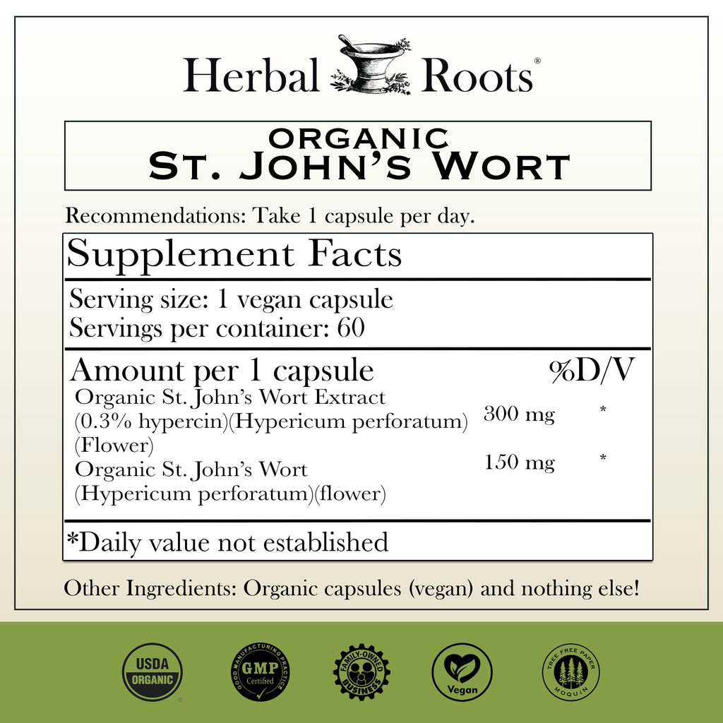 Herbal Roots St Johns Wort 450 milligrams supplement facts label displaying pure organic ingredients.