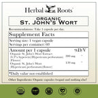 Herbal Roots St Johns Wort 450 milligrams supplement facts label displaying pure organic ingredients.