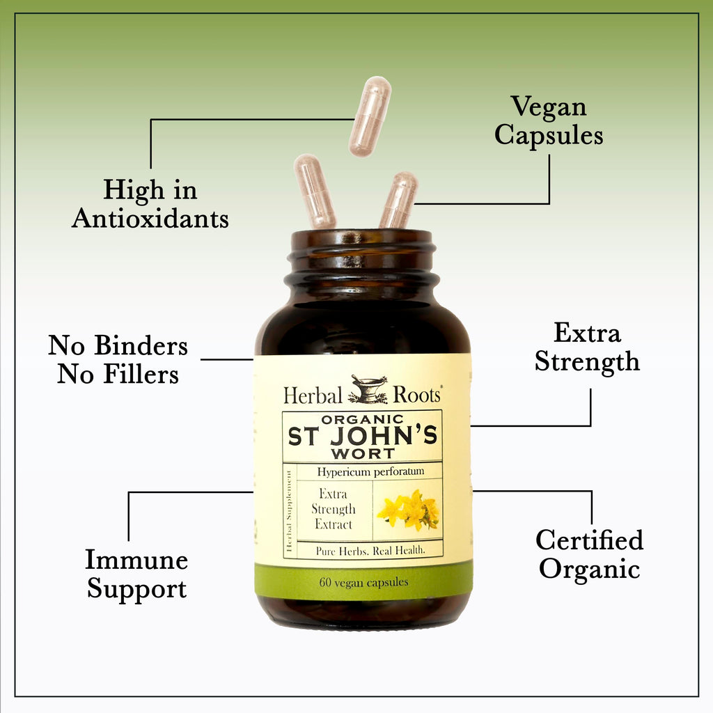 Herbal Roots St Johns Wort herbal supplement certification seals showing non GMO and zero fillers.