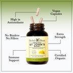 Herbal Roots St Johns Wort herbal supplement certification seals showing non GMO and zero fillers.