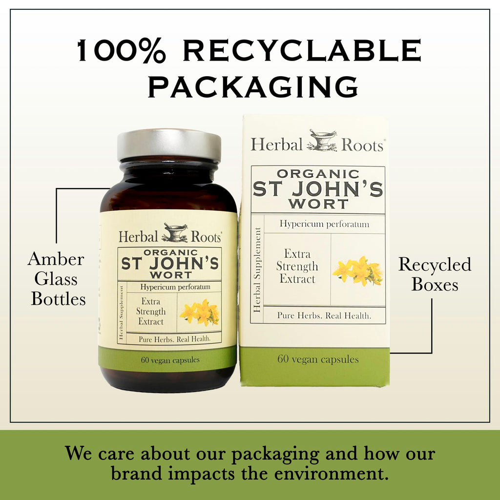 Side view of Herbal Roots Organic St Johns Wort bottle detailing clean manufacturing practices.