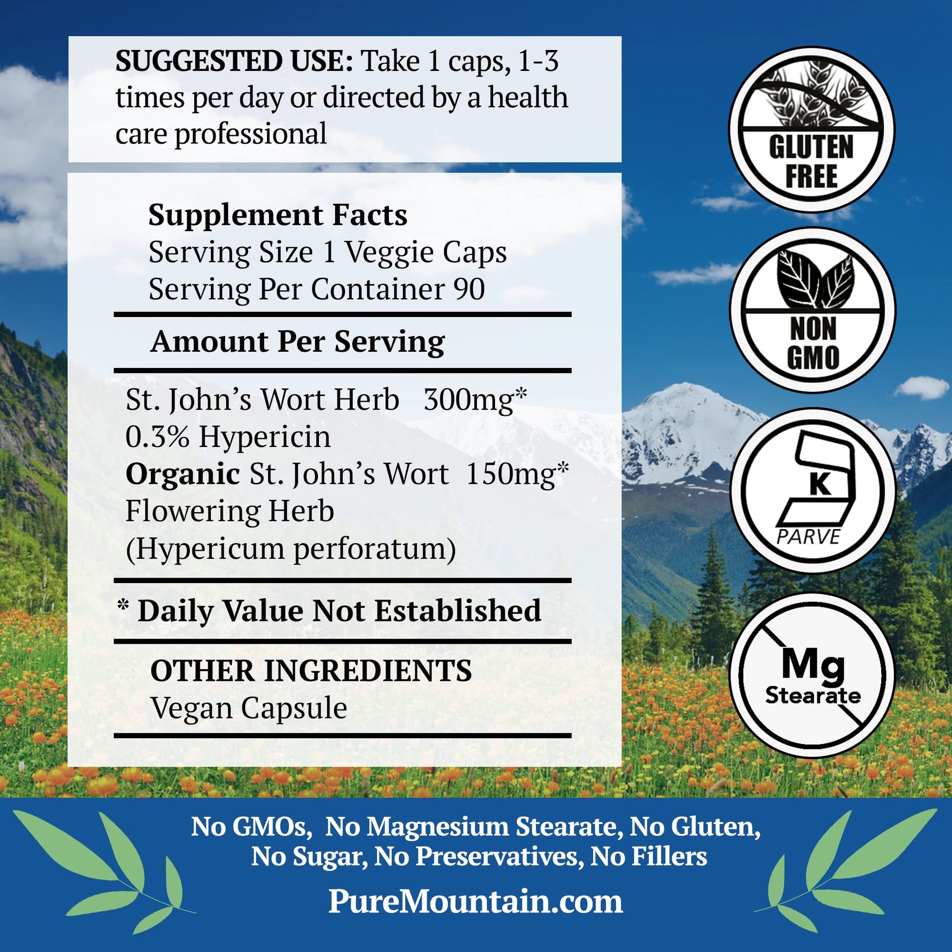Side label view of Pure Mountain Botanicals herbal supplement showcasing 450mg organic blend ingredients.