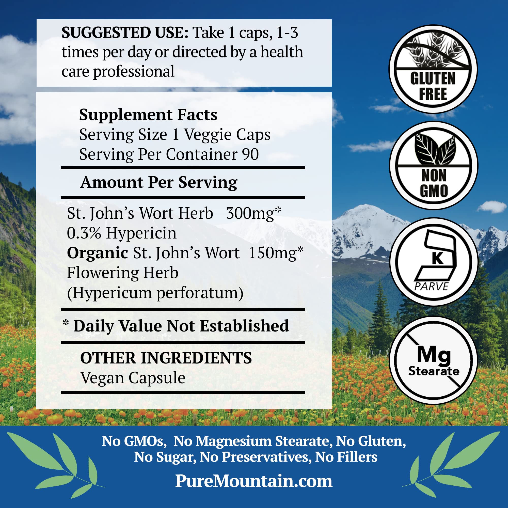 Side label view of Pure Mountain Botanicals herbal supplement showcasing 450mg organic blend ingredients.
