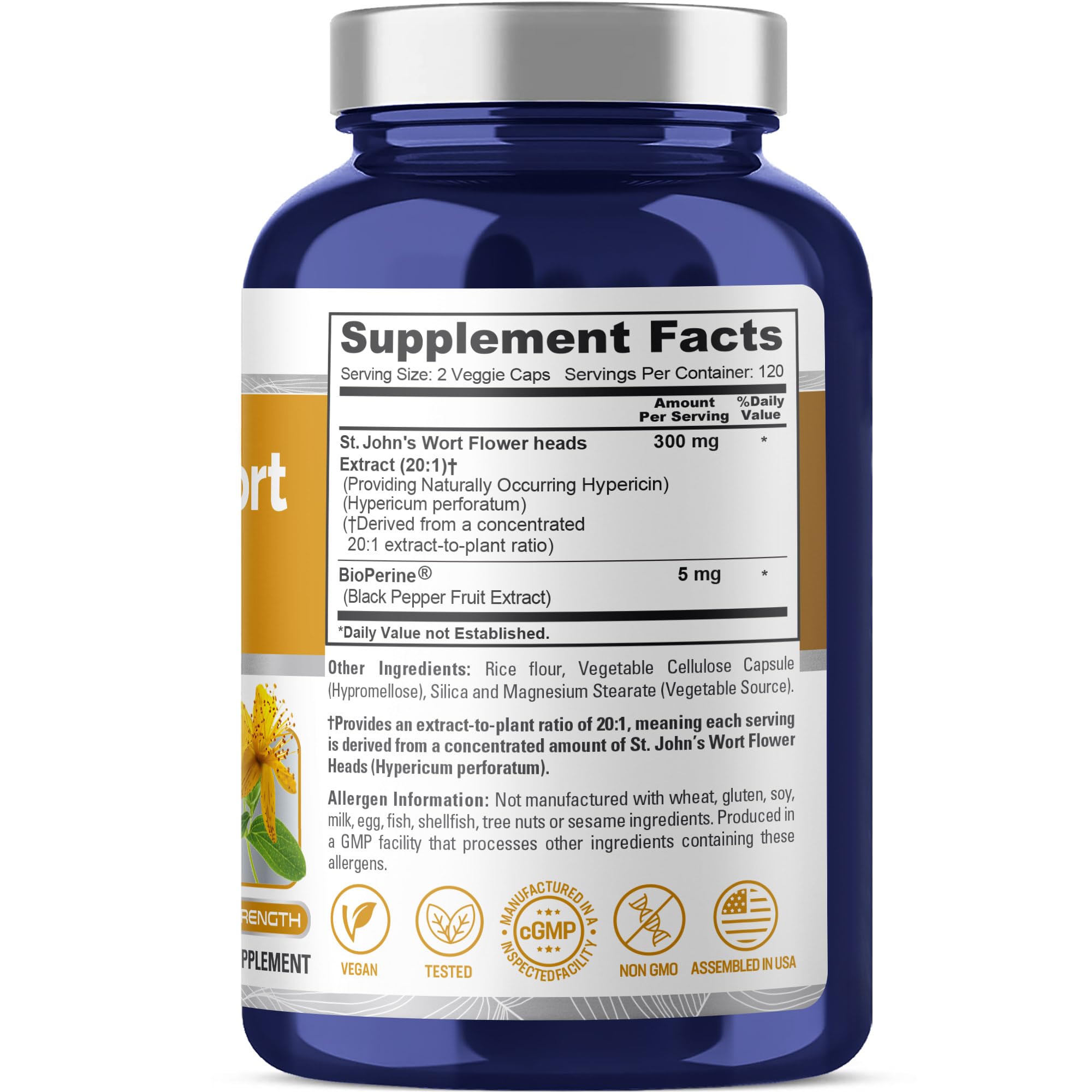 NusaPure Saint Johns Wort high potency 20:1 extract supplement label details and dietary facts