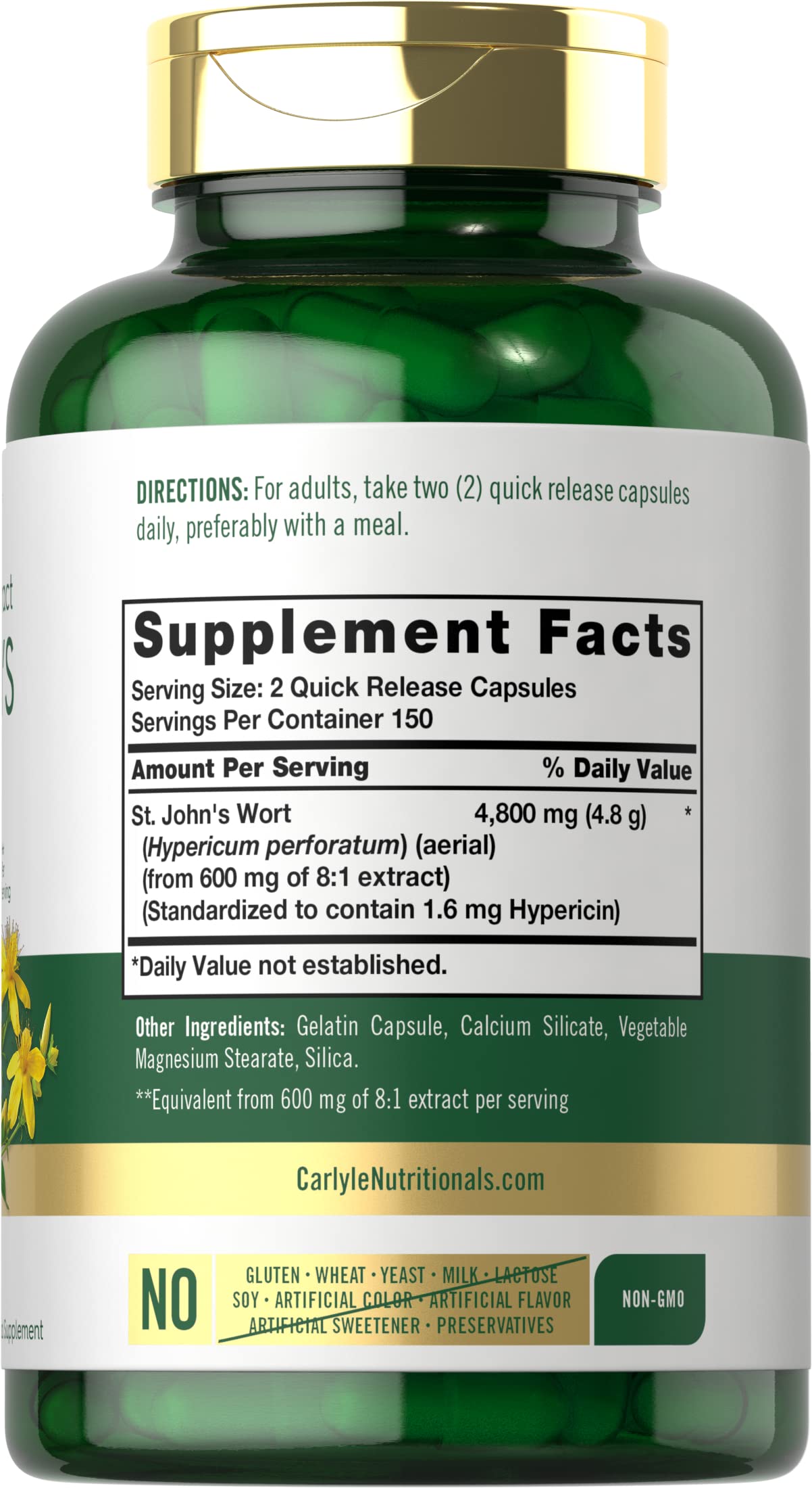 Side view of Carlyle St John's Wort packaging detailing the supplement facts and standardized hypericin ingredients.