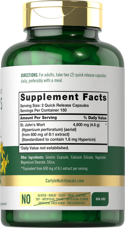 Side view of Carlyle St John's Wort packaging detailing the supplement facts and standardized hypericin ingredients.