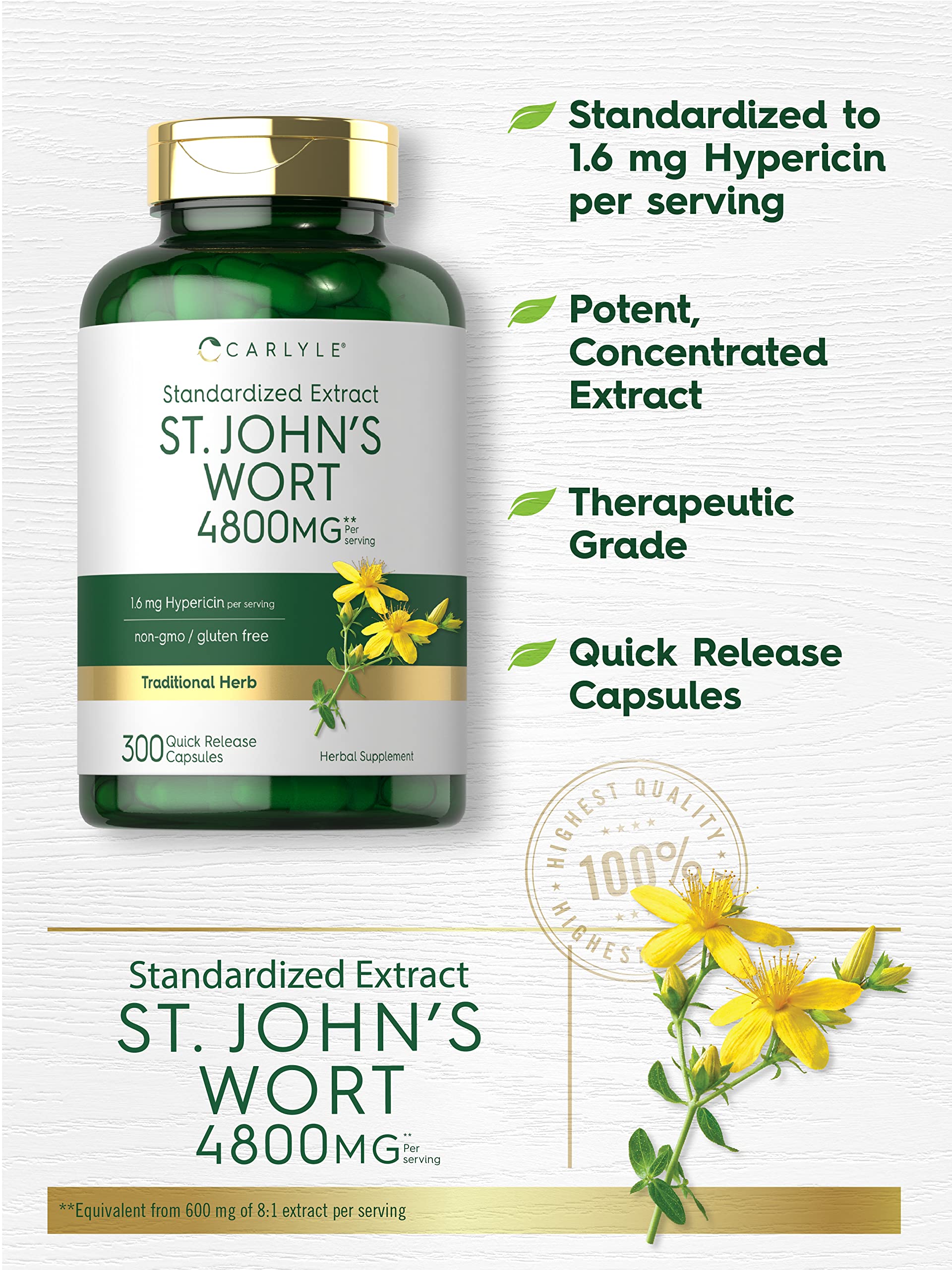 Close up view of the quick release capsules of Carlyle St John's Wort herbal supplement for mood stabilization.
