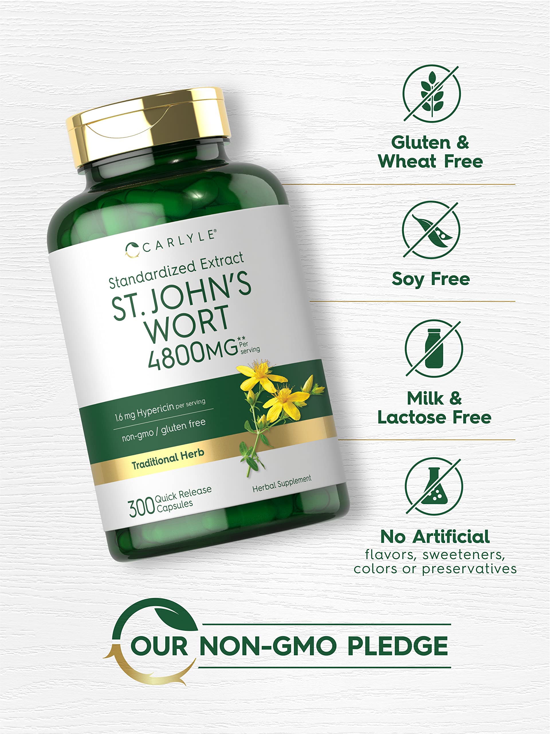 Authentic Carlyle St John's Wort bottle demonstrating the non GMO and gluten free certification seals.