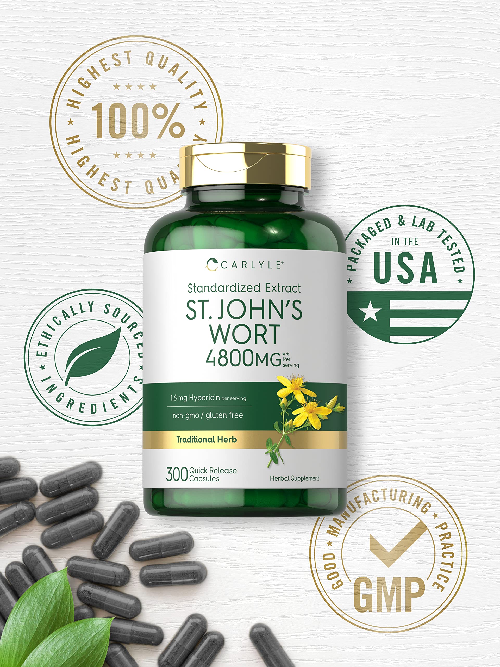 Back label of Carlyle St John's Wort showing allergen warnings and daily serving directions for adults.