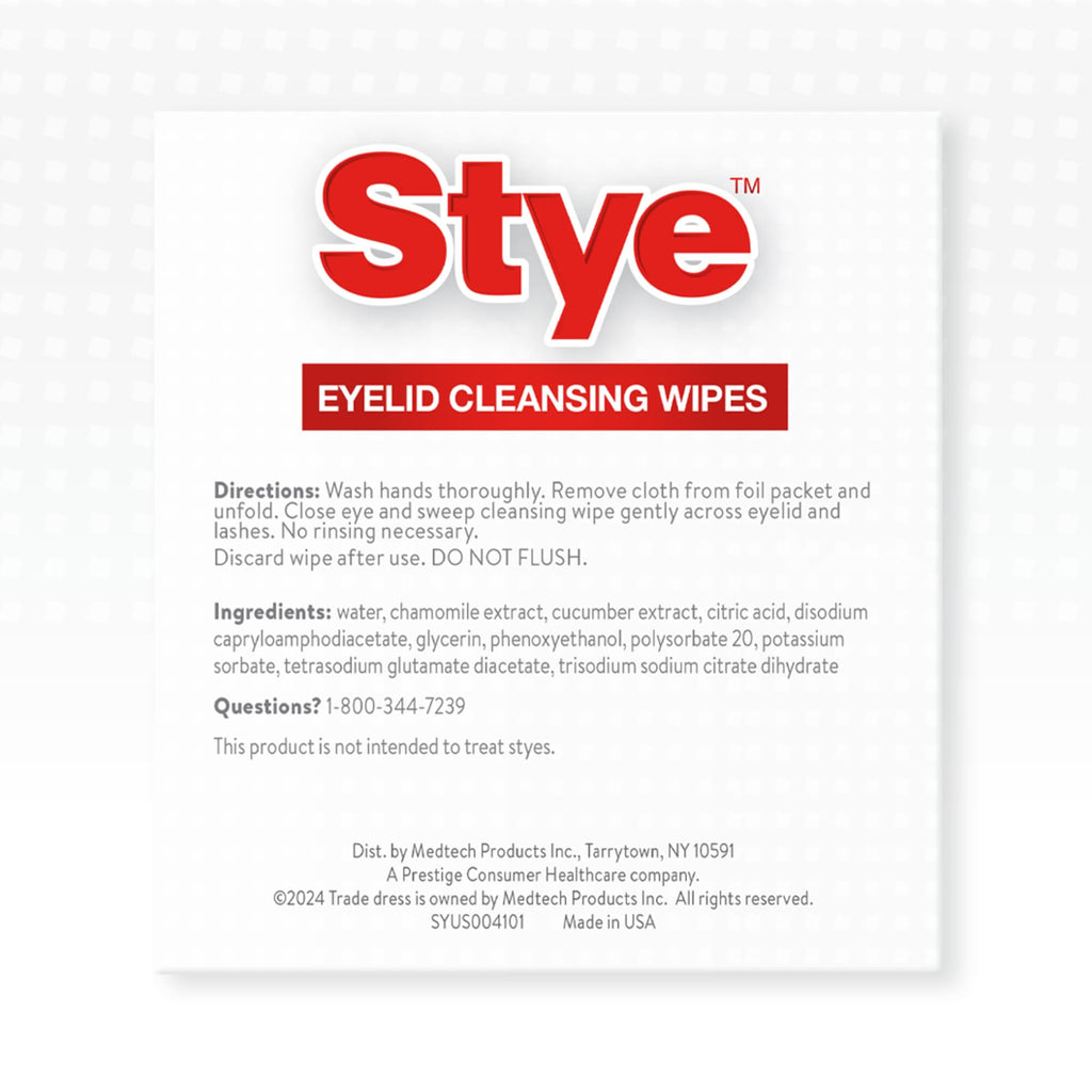 Stye eye cleansing wipes displayed with packaging details