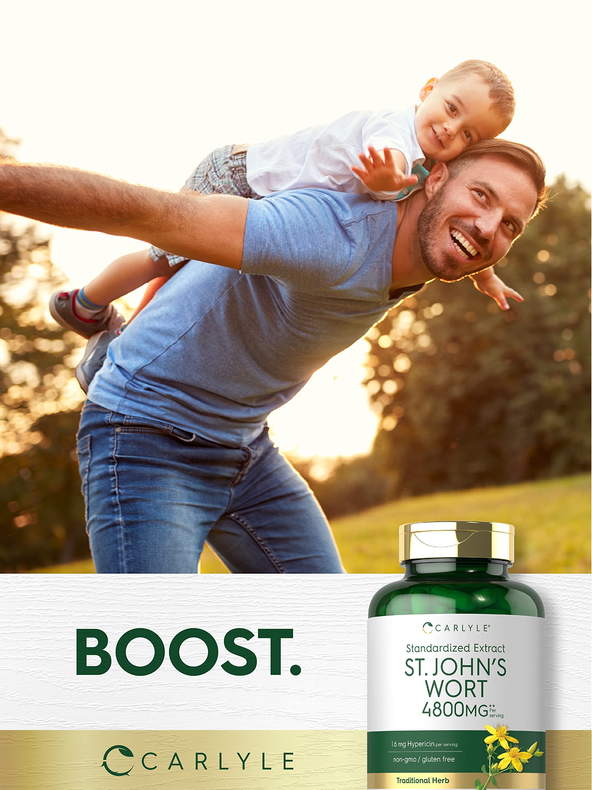 Carlyle St John's Wort three hundred count bottle displayed on a clean wellness lifestyle background.