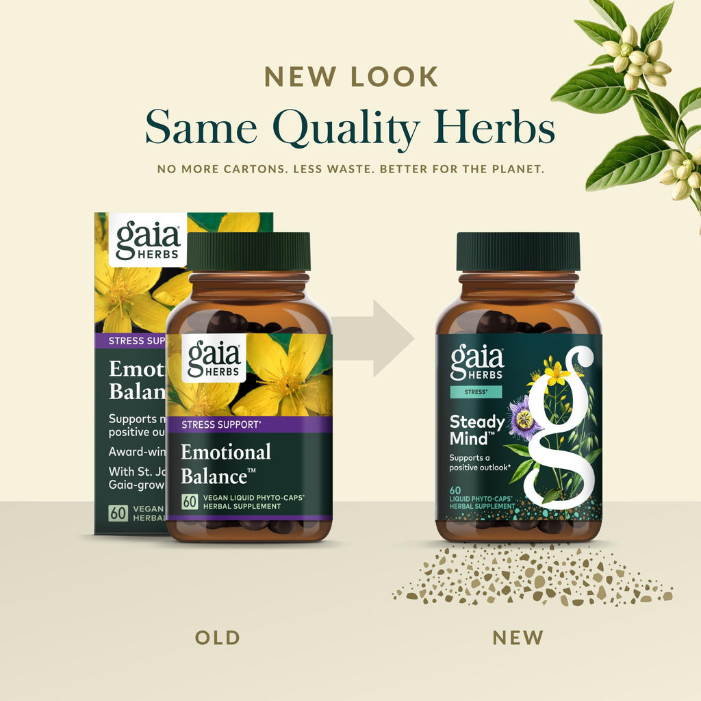 Gluten-free and vegan stress support formula by Gaia Herbs containing passionflower and oats