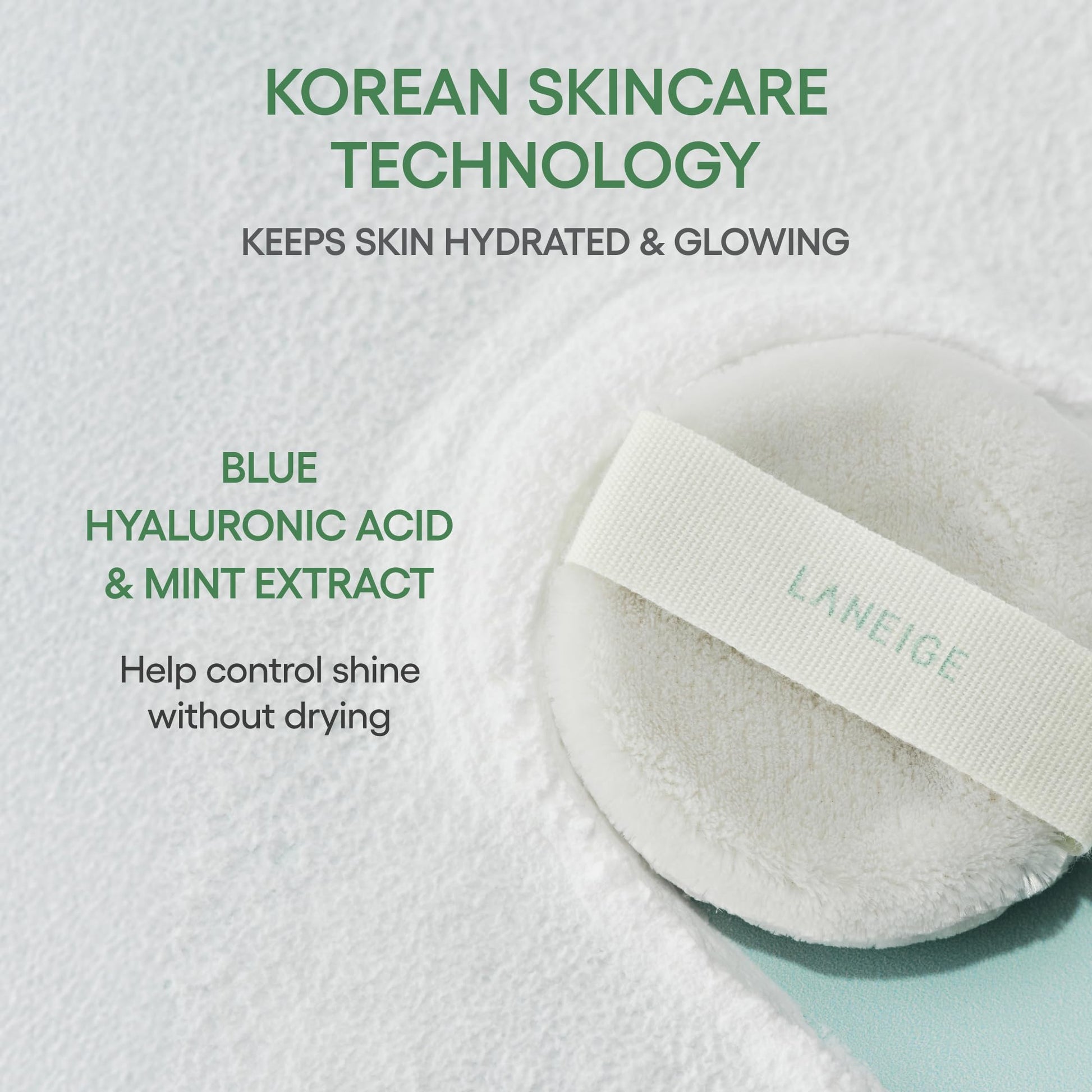 Laneige translucent face powder being applied with a puff to mattify oily skin