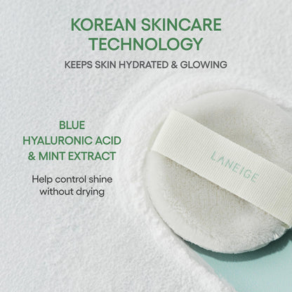 Laneige translucent face powder being applied with a puff to mattify oily skin