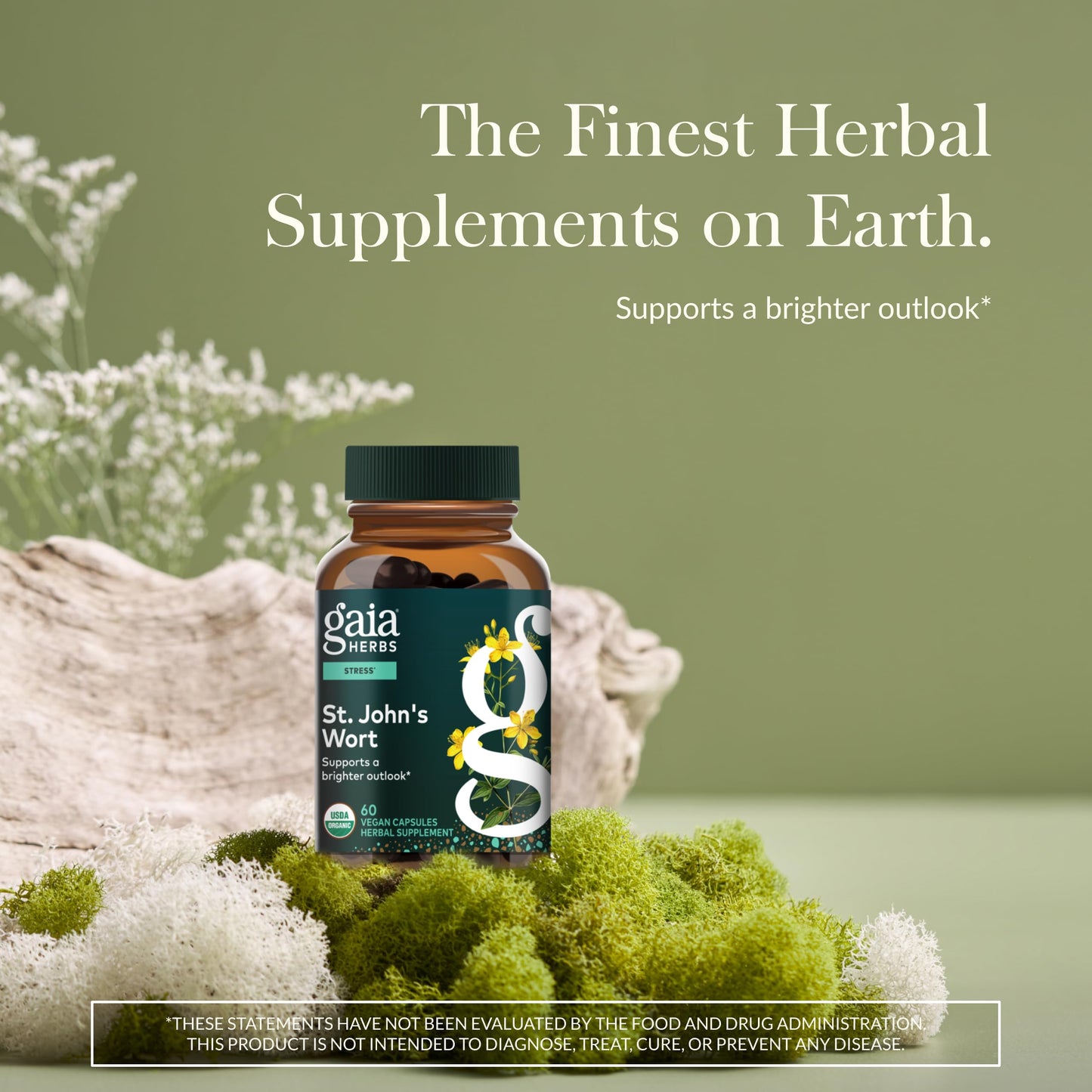 Gaia Herbs St Johns Wort supplement label showing organic ingredients and serving size