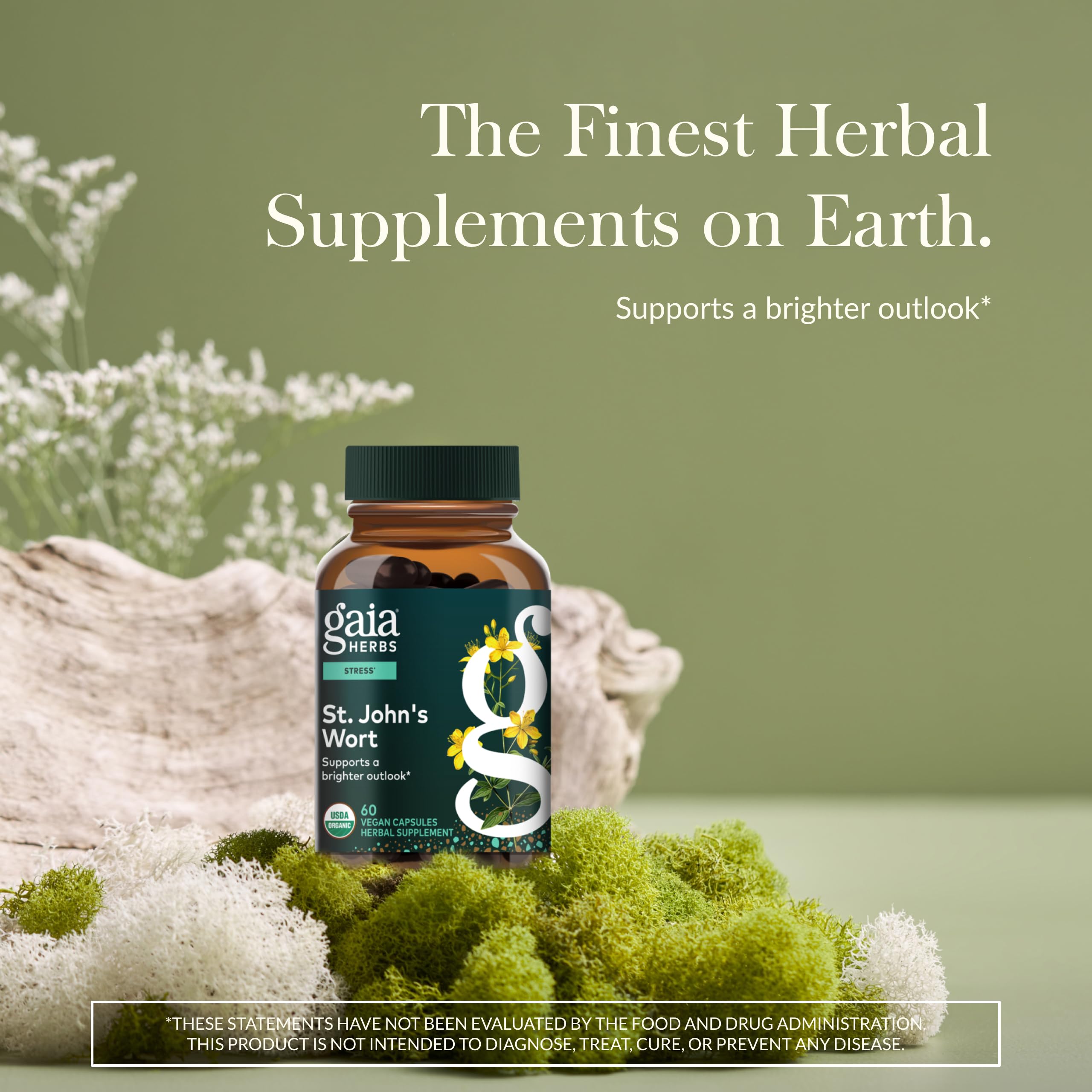 Gaia Herbs St Johns Wort supplement label showing organic ingredients and serving size
