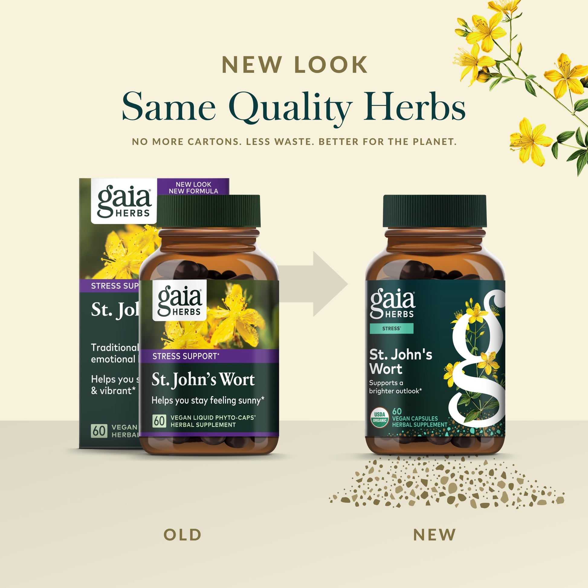 Vegan capsules of Gaia Herbs St Johns Wort displayed next to the product packaging
