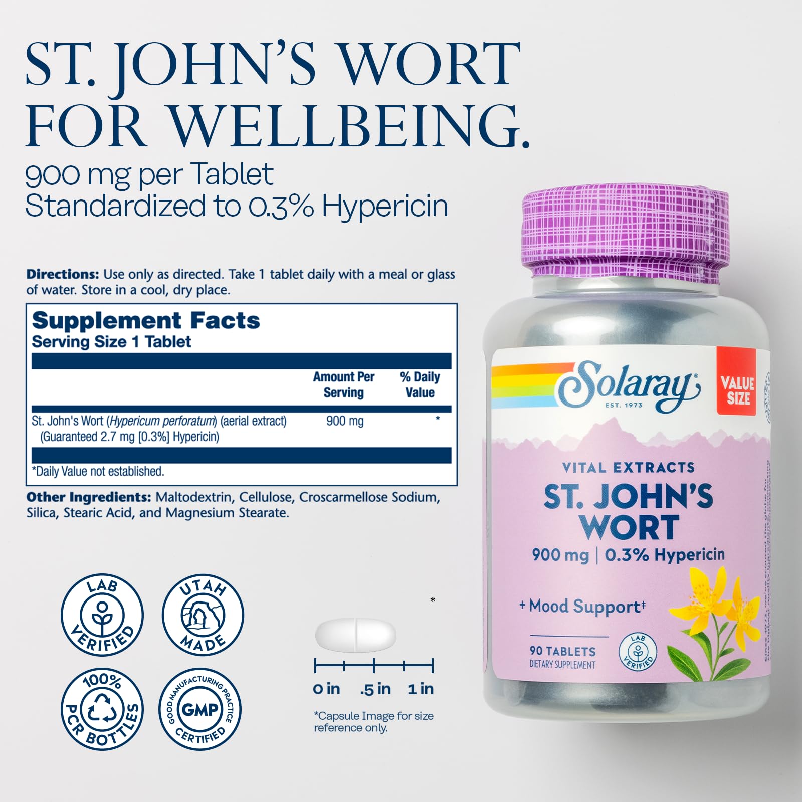 Side angle of Solaray St Johns Wort showing nutritional information and the standardized hypericin percentage on the label.