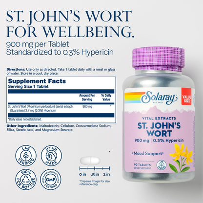 Side angle of Solaray St Johns Wort showing nutritional information and the standardized hypericin percentage on the label.