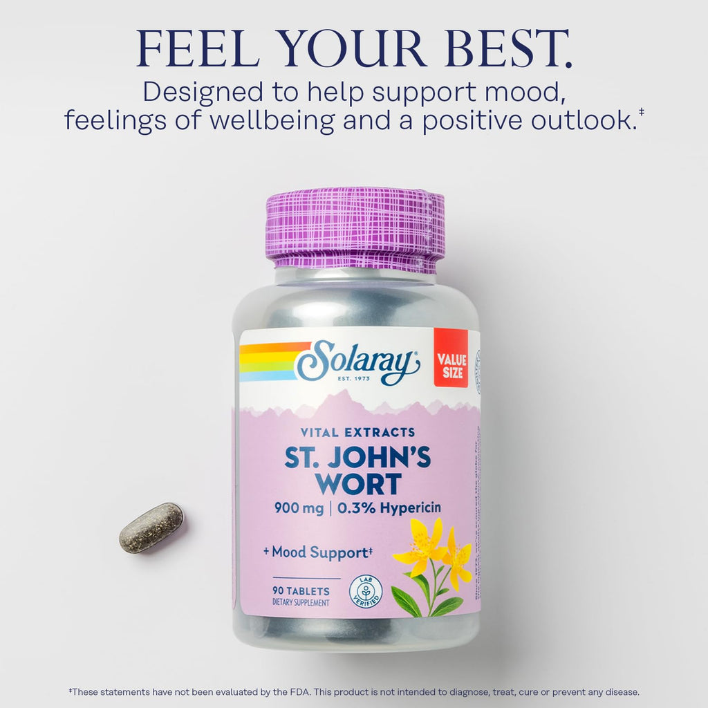 Close up of the non-GMO and vegan certification stamps on the back of the Solaray St Johns Wort bottle.