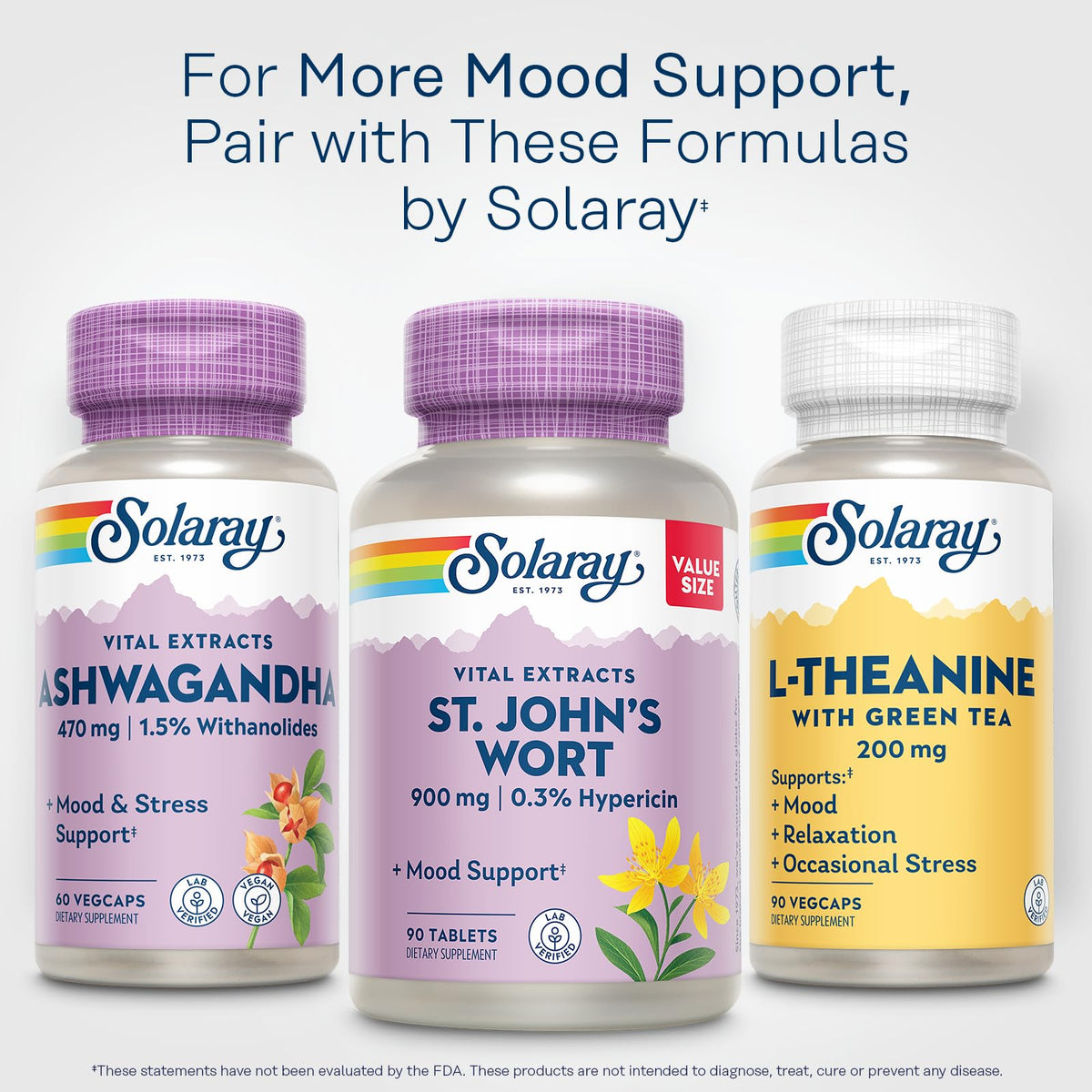 Full product packaging view of Solaray St Johns Wort One Daily tablets showcasing the clean design for emotional wellness.