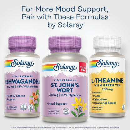 Full product packaging view of Solaray St Johns Wort One Daily tablets showcasing the clean design for emotional wellness.