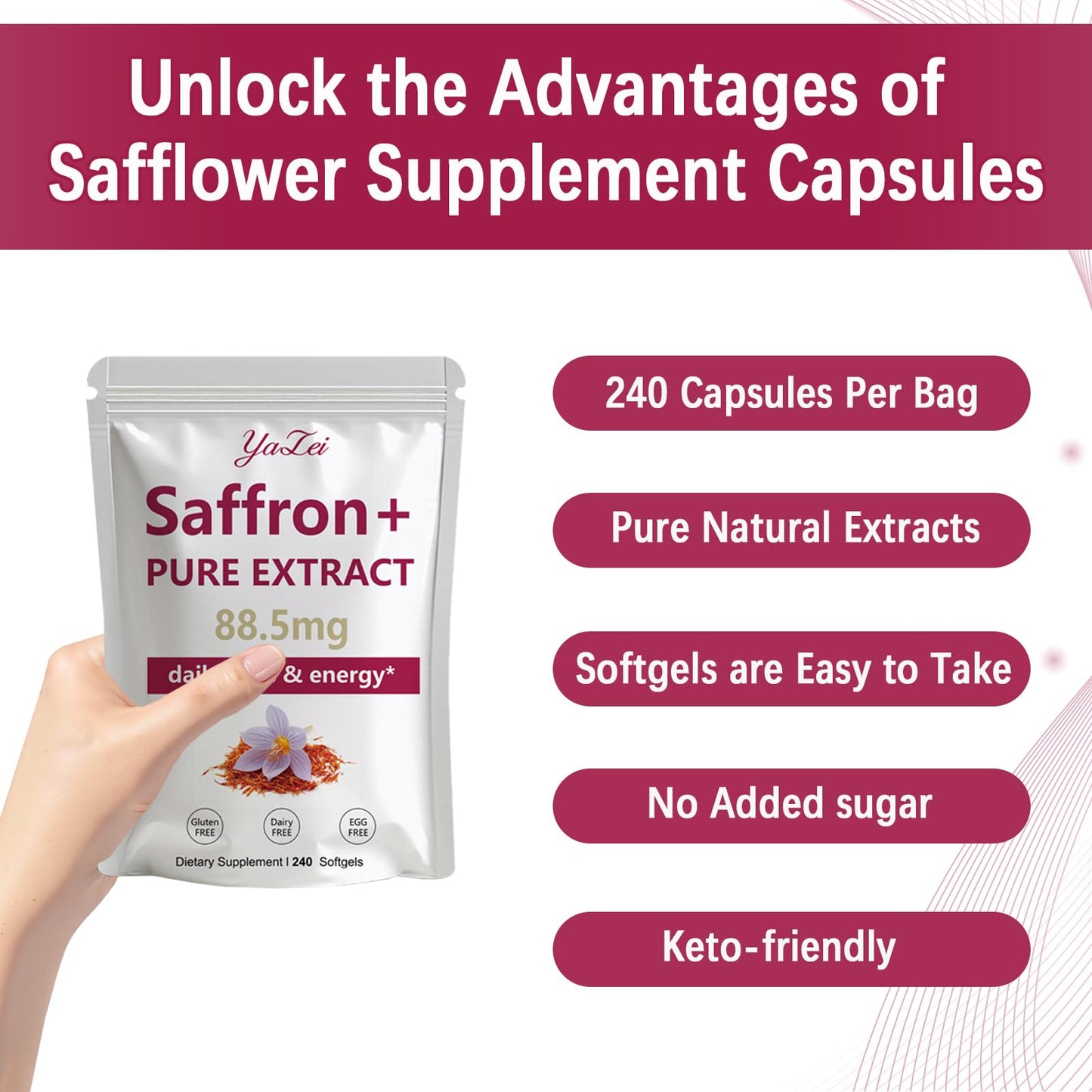 Yalei saffron extract 240 vegan softgels supplement facts panel.