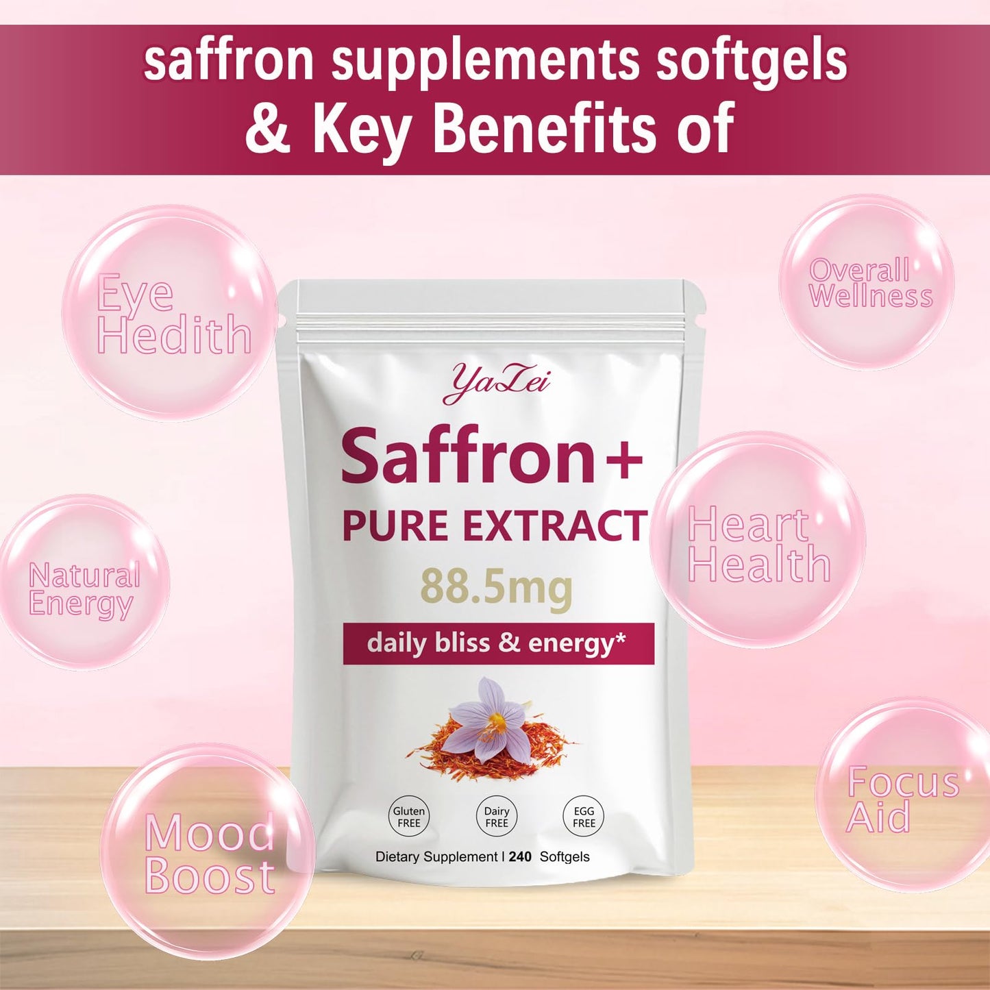Gluten-free and non-GMO clean label certification on Yalei saffron bottle.