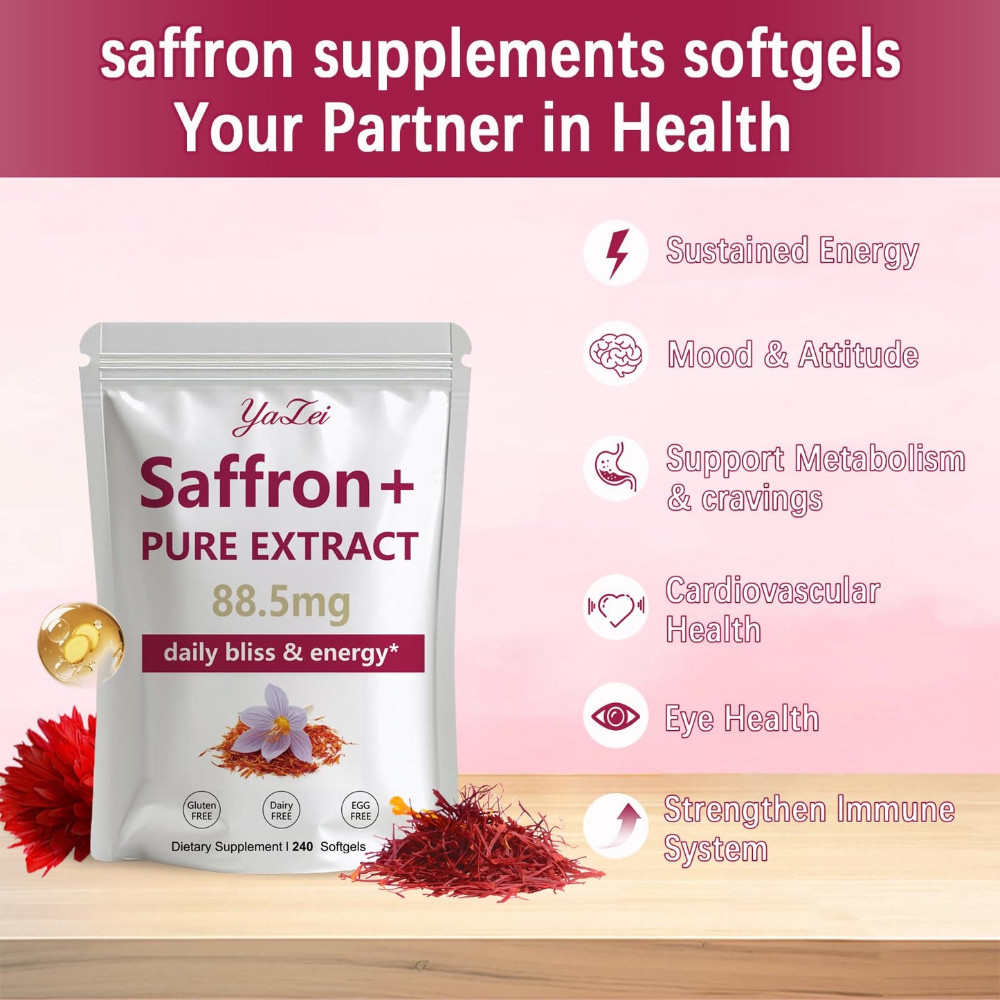 Antioxidant eye and heart health benefits illustrated on saffron supplement label.