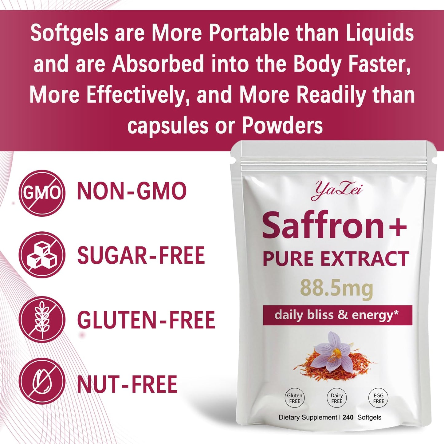 Yalei saffron extract softgels with vitamin C ingredient breakdown.