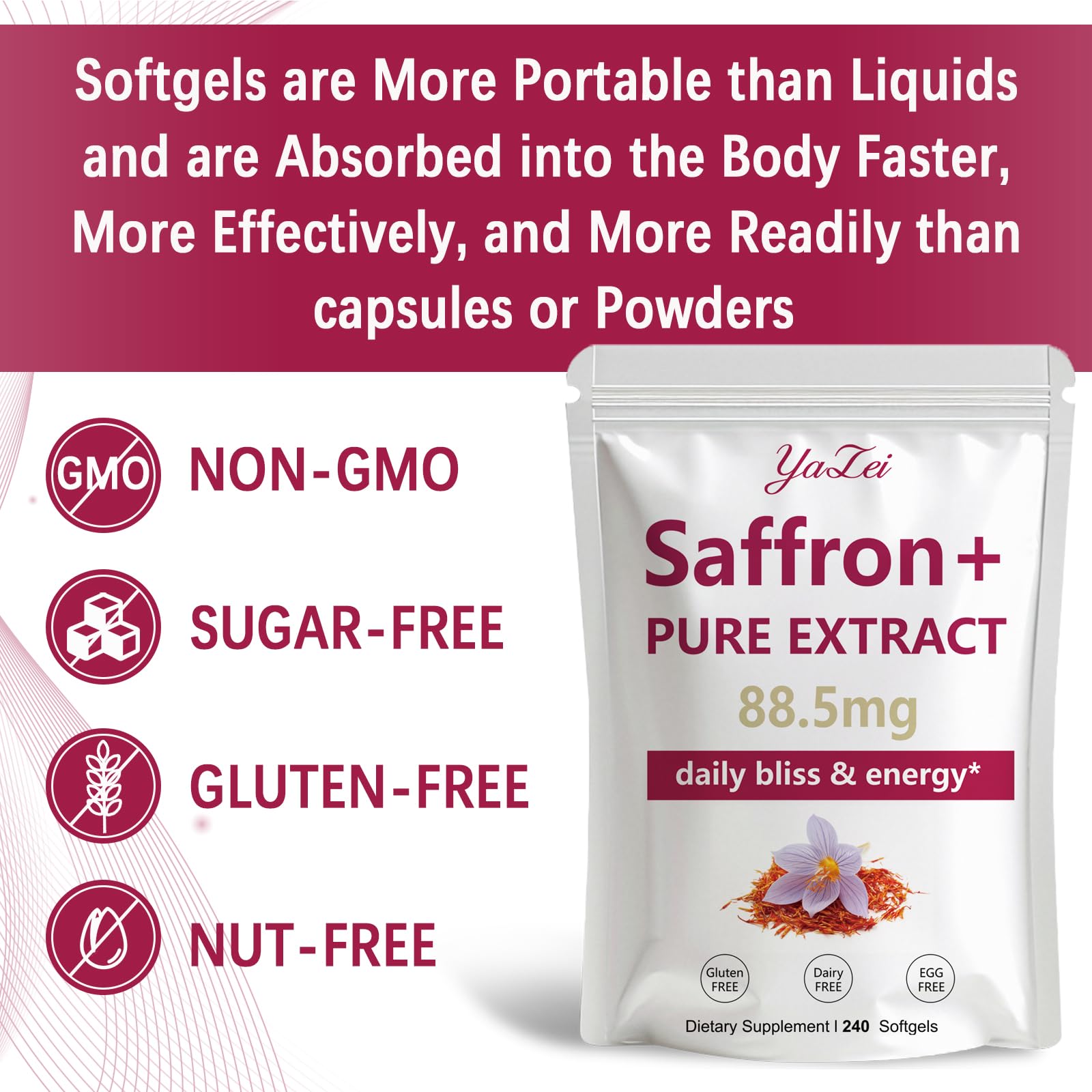 Yalei saffron extract softgels with vitamin C ingredient breakdown.