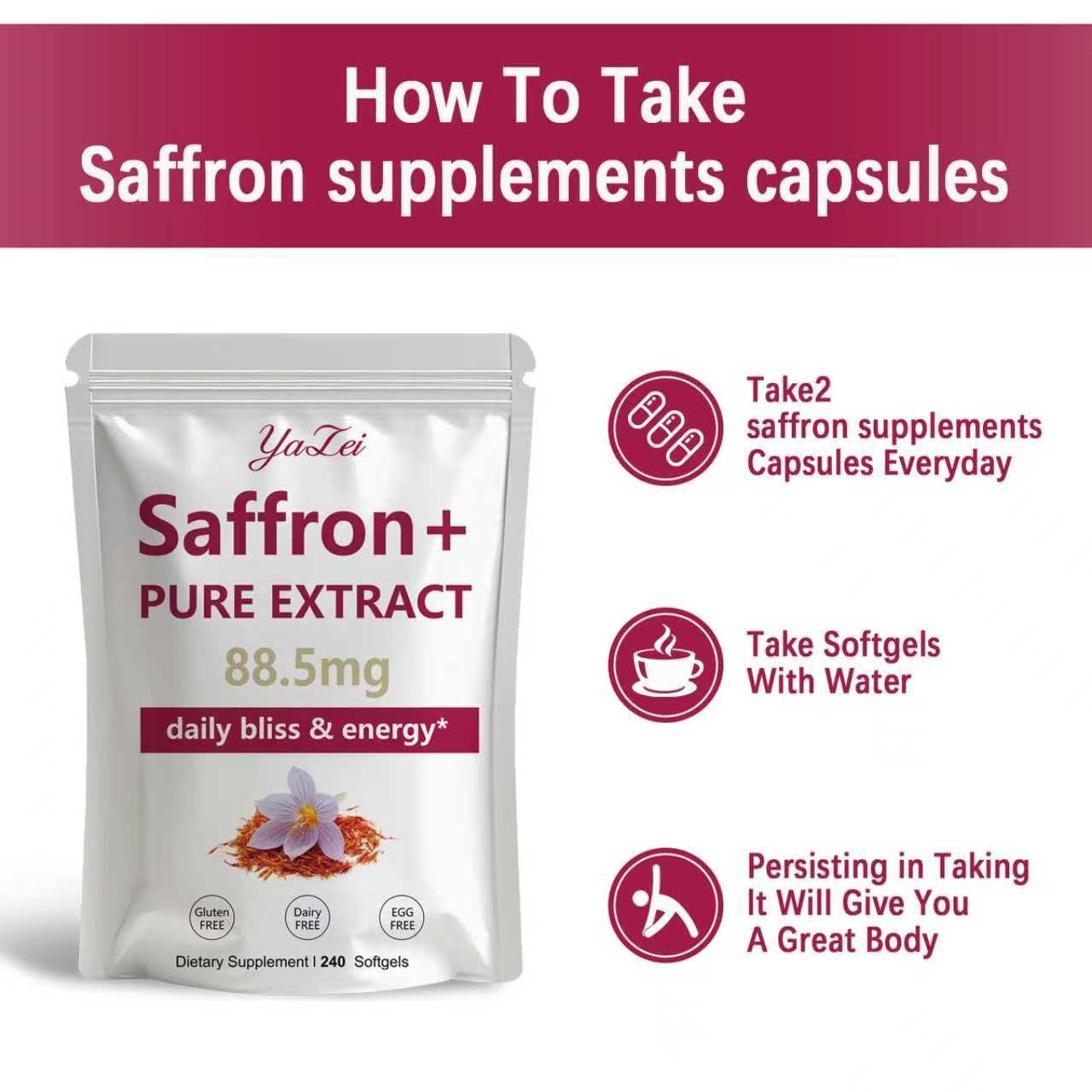 Authentic USA imported Yalei saffron capsules lifestyle display.