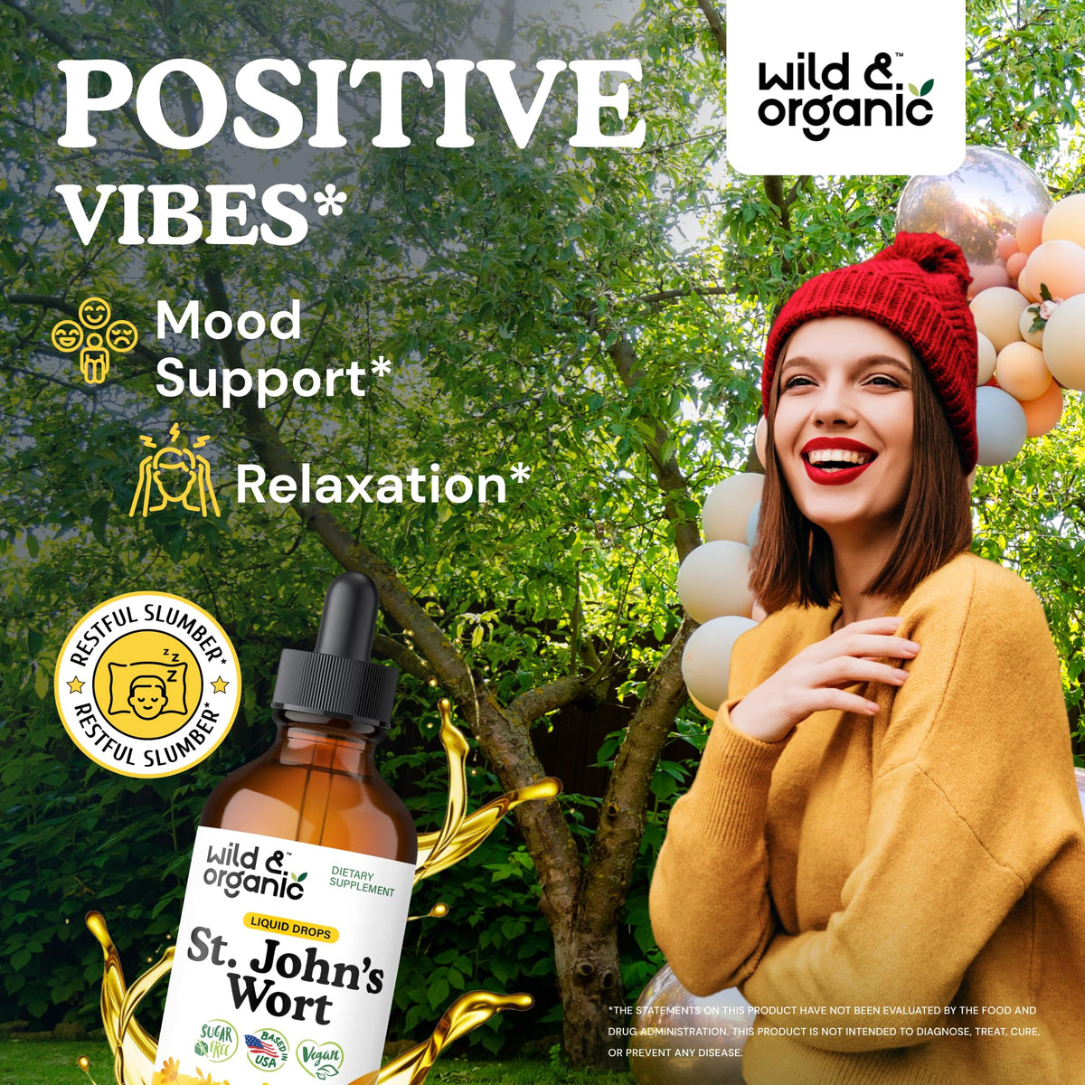 Wild & Organic St Johns Wort liquid drops supplement label showing ingredients