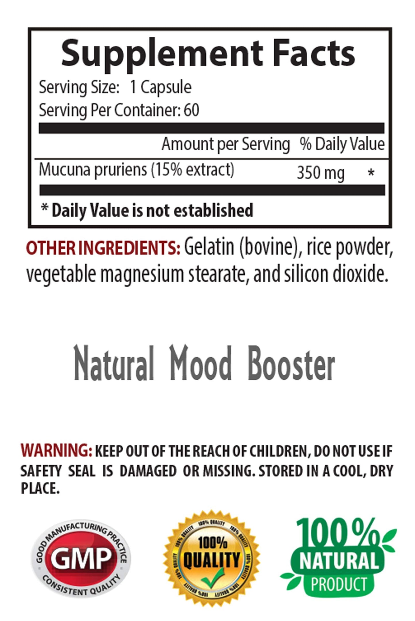 Swan Life Essentials velvet bean supplement showing product details and nutritional facts