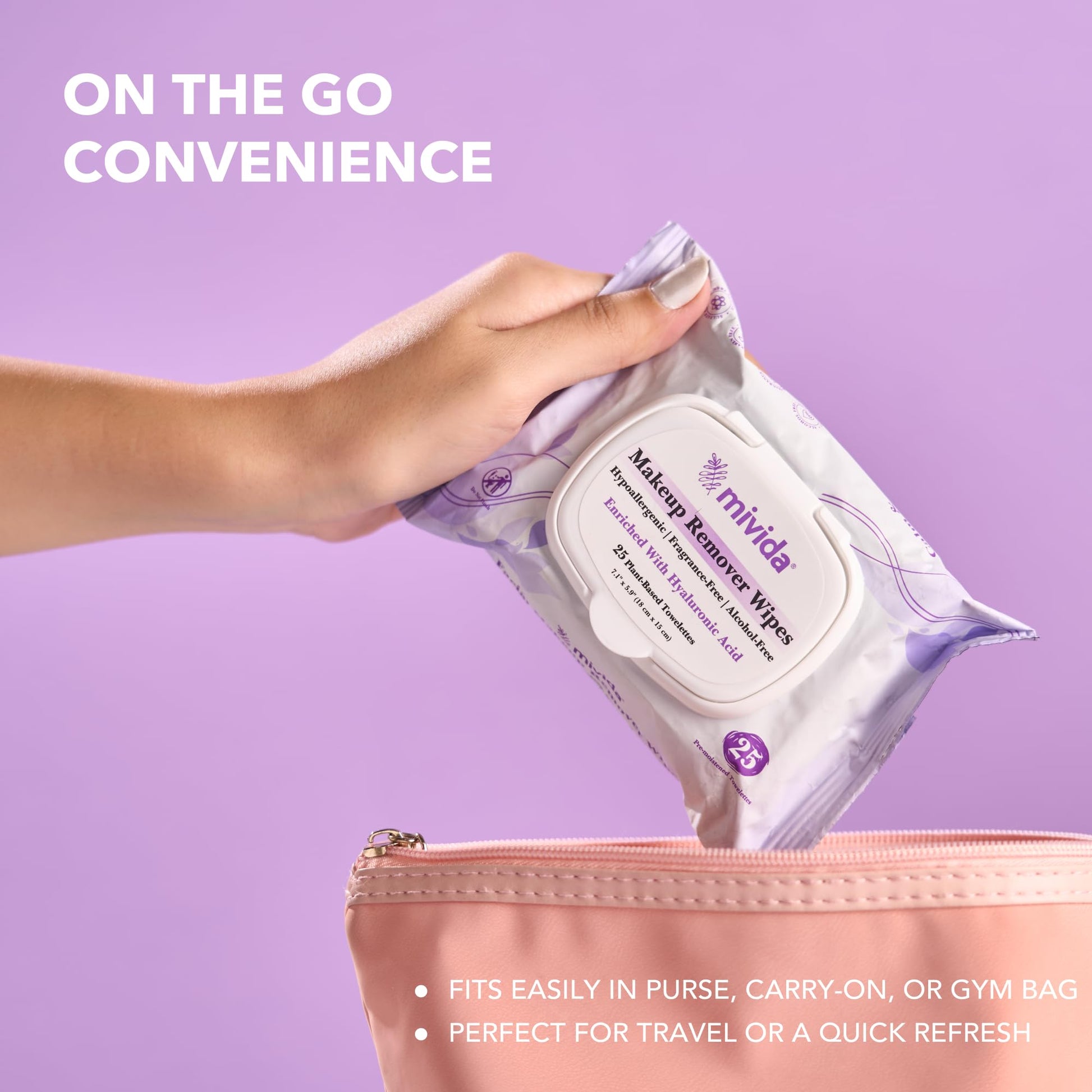 Travel size Mivida makeup remover wipes in vanity setup