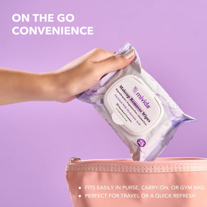 Travel size Mivida makeup remover wipes in vanity setup
