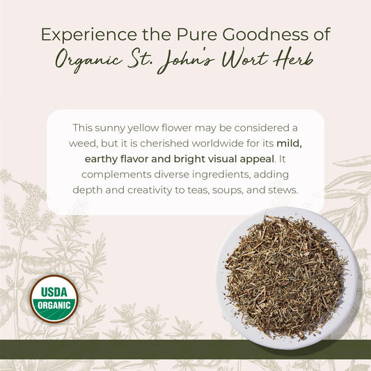 Starwest Botanicals Organic St Johns Wort Cut and Sifted Herb closeup texture