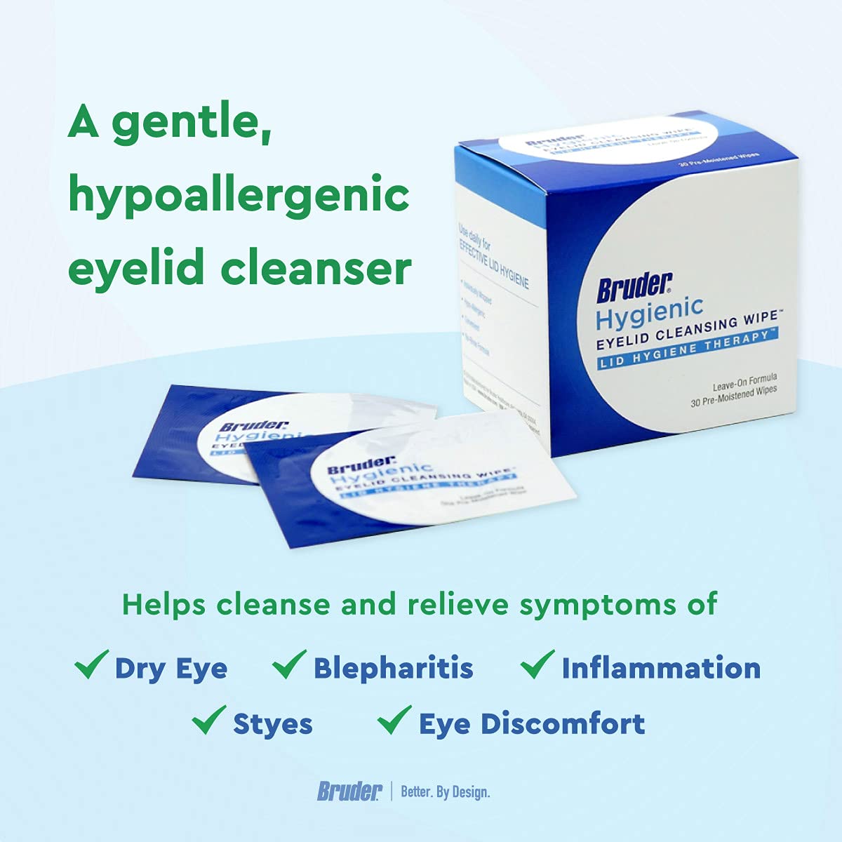 Individually wrapped Bruder eyelid cleansing wipe packet
