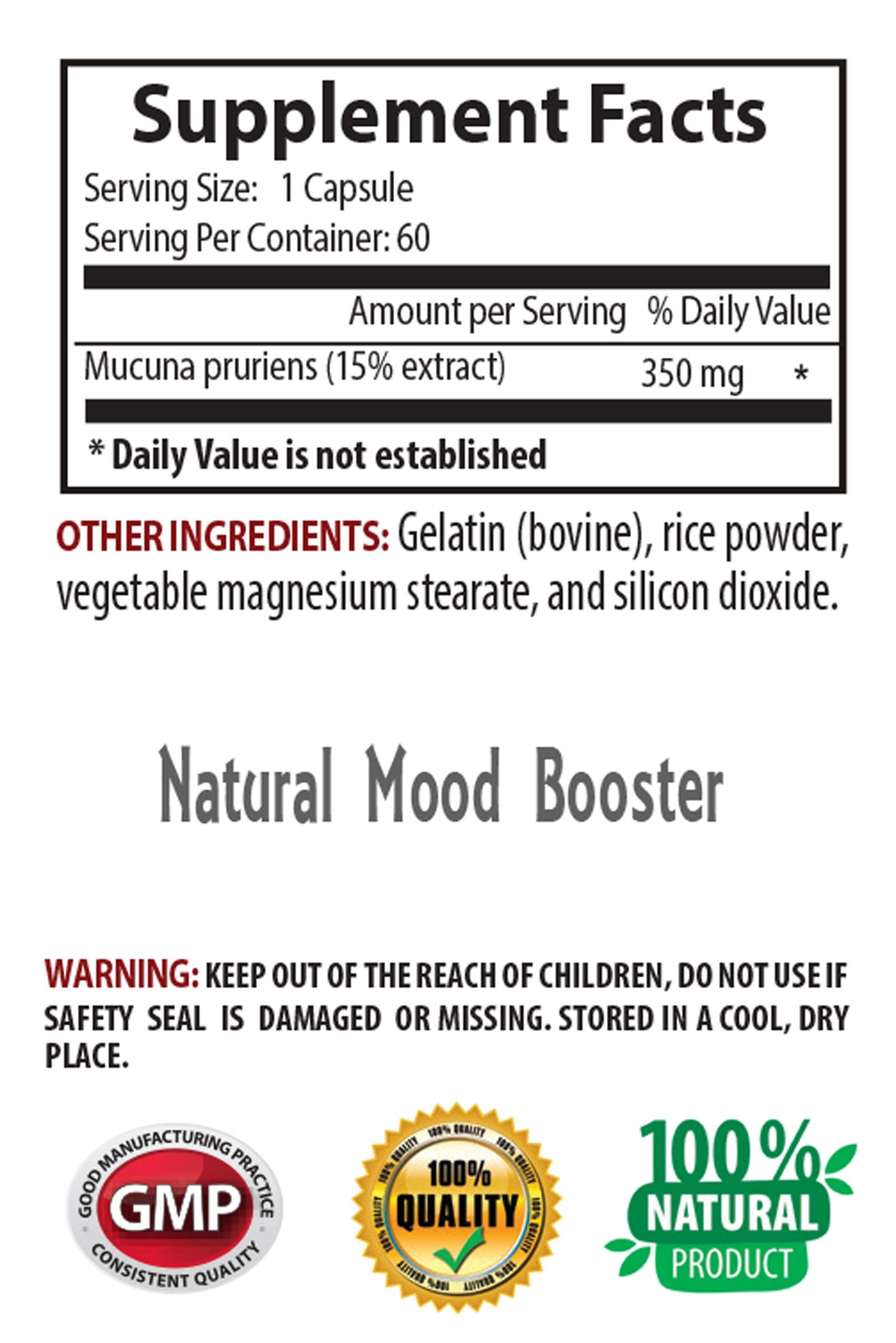 Organic velvet bean extract supplement capsule count packaging back label