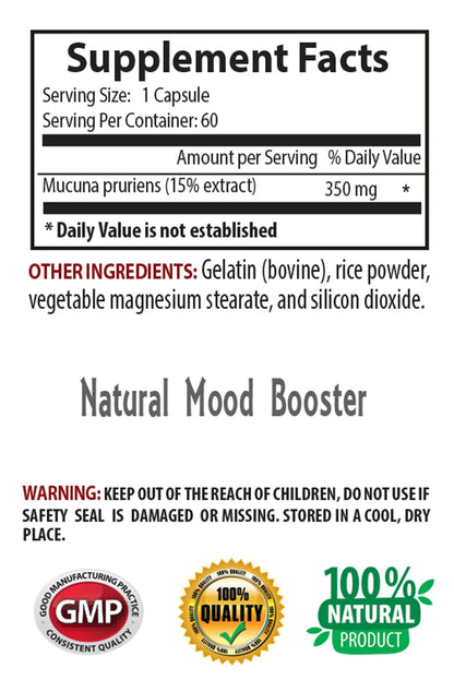 Organic velvet bean extract supplement capsule count packaging back label