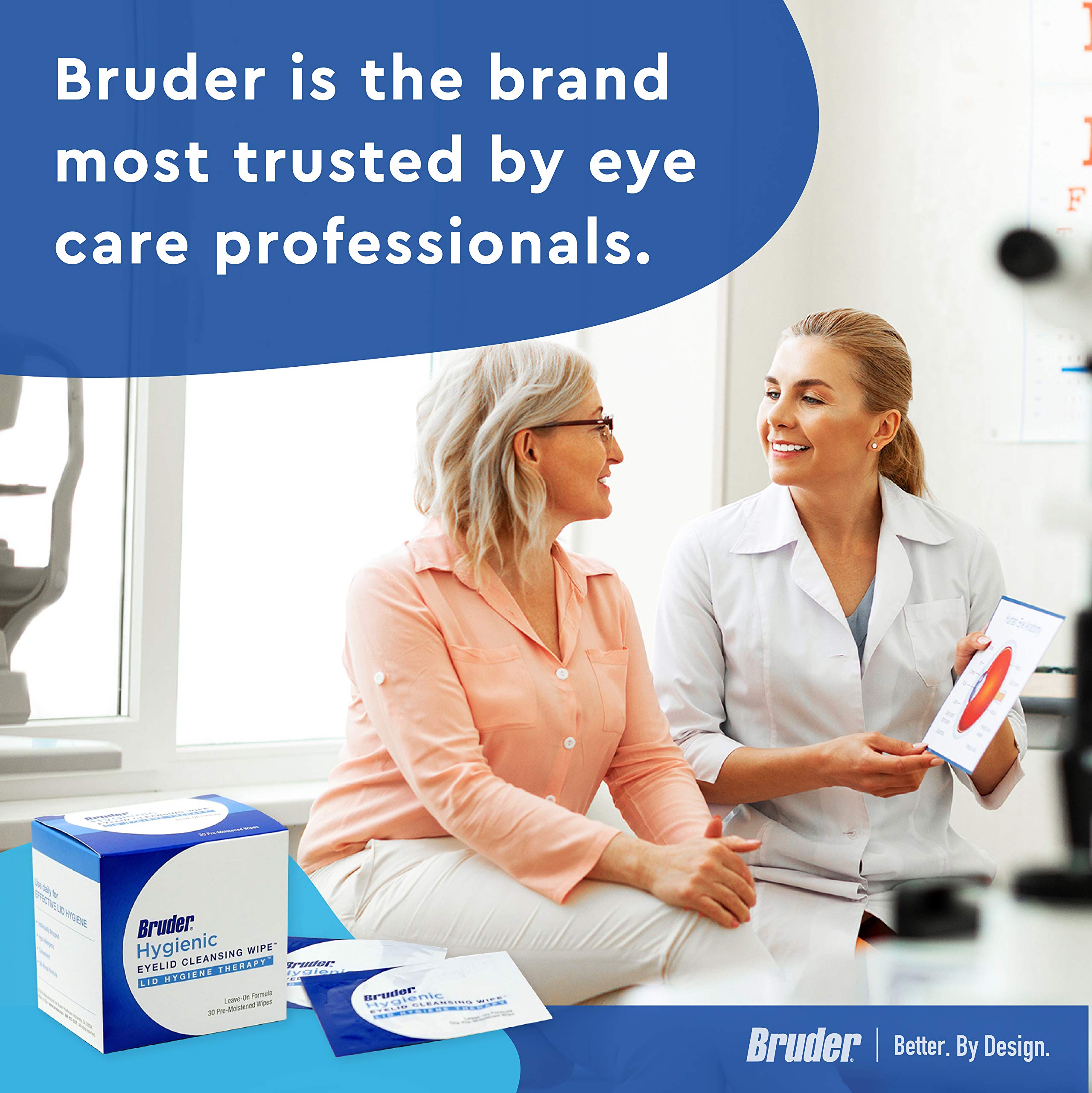 Close up of Bruder eyelid hygiene wipes branding