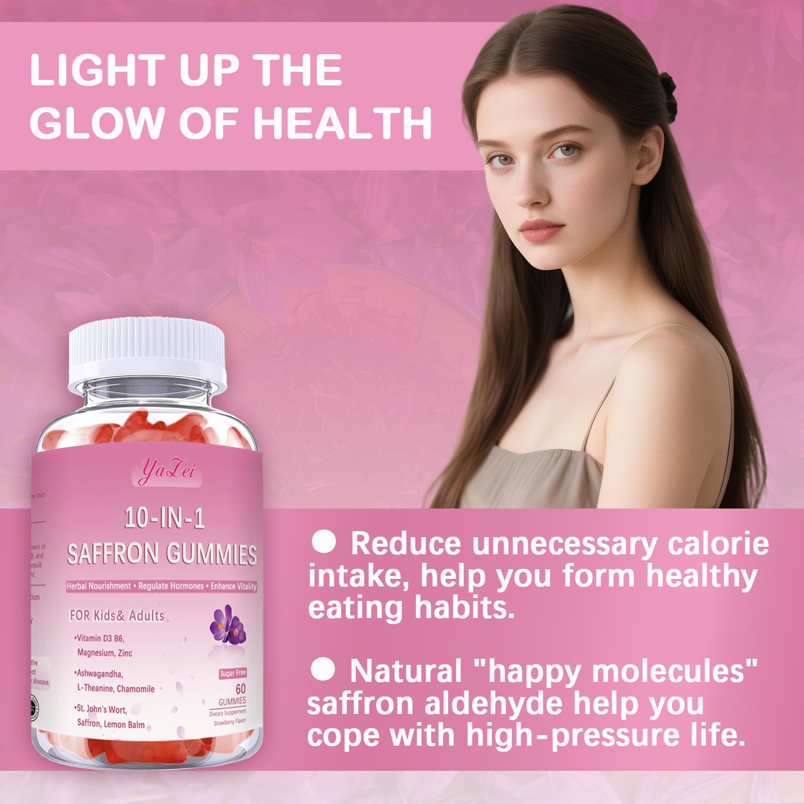 Yalei sugar free saffron extract and ashwagandha herbal supplement nutritional facts label showing vitamin ingredients