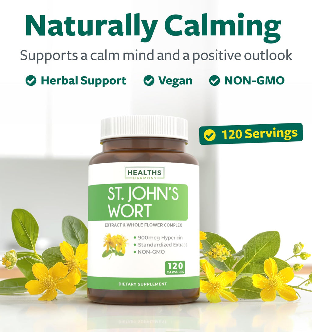 Healths Harmony Saint Johns Wort supplement bottle highlighting 900mcg hypericin