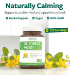 Healths Harmony Saint Johns Wort supplement bottle highlighting 900mcg hypericin