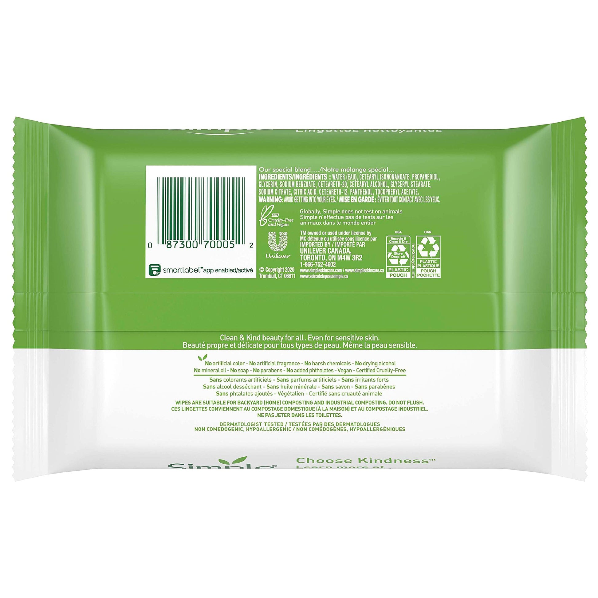 Simple Kind To Skin facial wipes packaging details