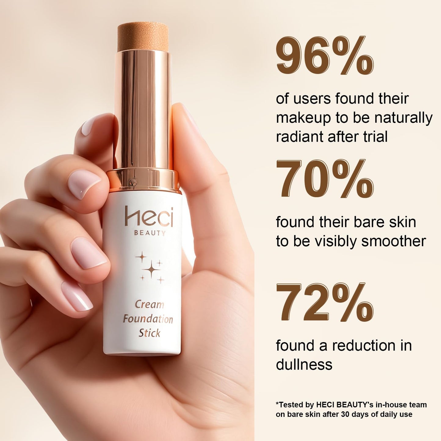 Hydrating skin tint makeup stick by HECI BEAUTY showing open cap packaging