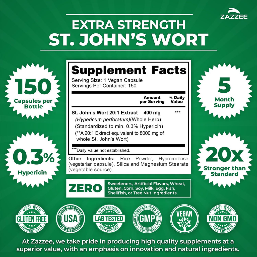 Zazzee St John's Wort 150 vegan capsules nutritional facts label and standardized hypericin percentage.